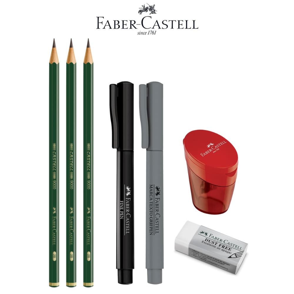 Kit Lápis Grafite Técnico Faber Castell 9000 2H H HB B 2B 3B 4B 5B 6B 8B com Borracha Apontador