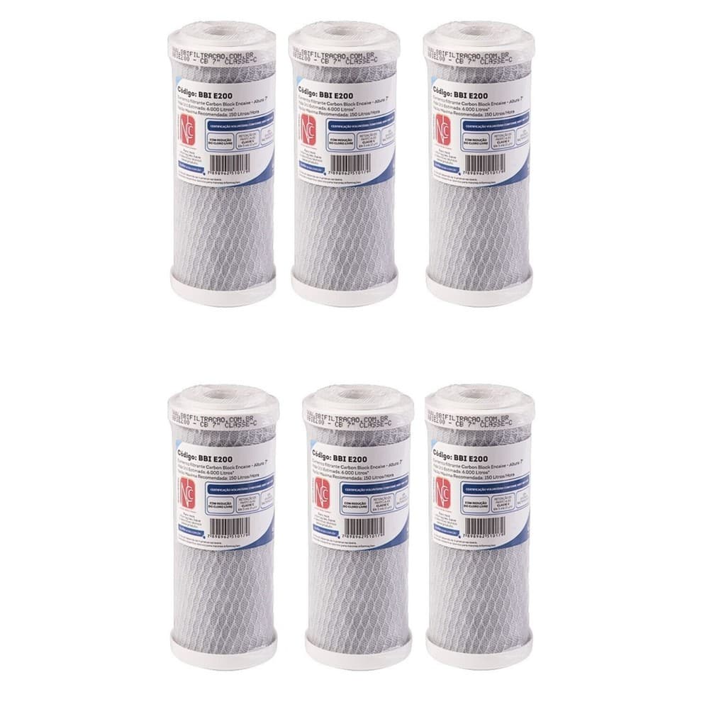 KIT 06 UN Refil BBI E200 7" Encaixe Carbon Block Compativel Fortlev Hidrofiltros Acquabios Equation
