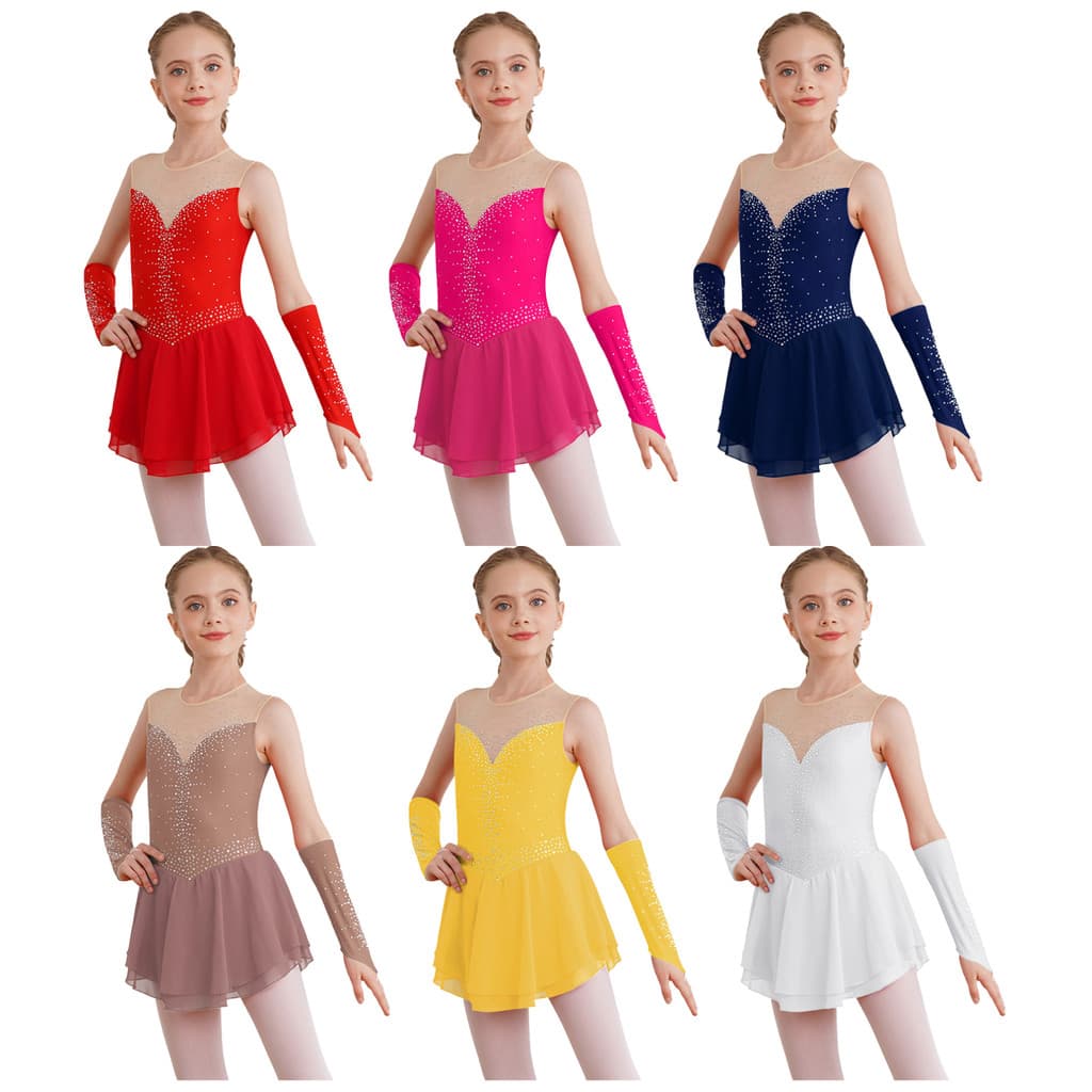 MSemis Crianças Meninas Patinação Artística Palco Desempenho Roupa Brilhante Strass Buraco De Fechadura Volta Sem Mangas