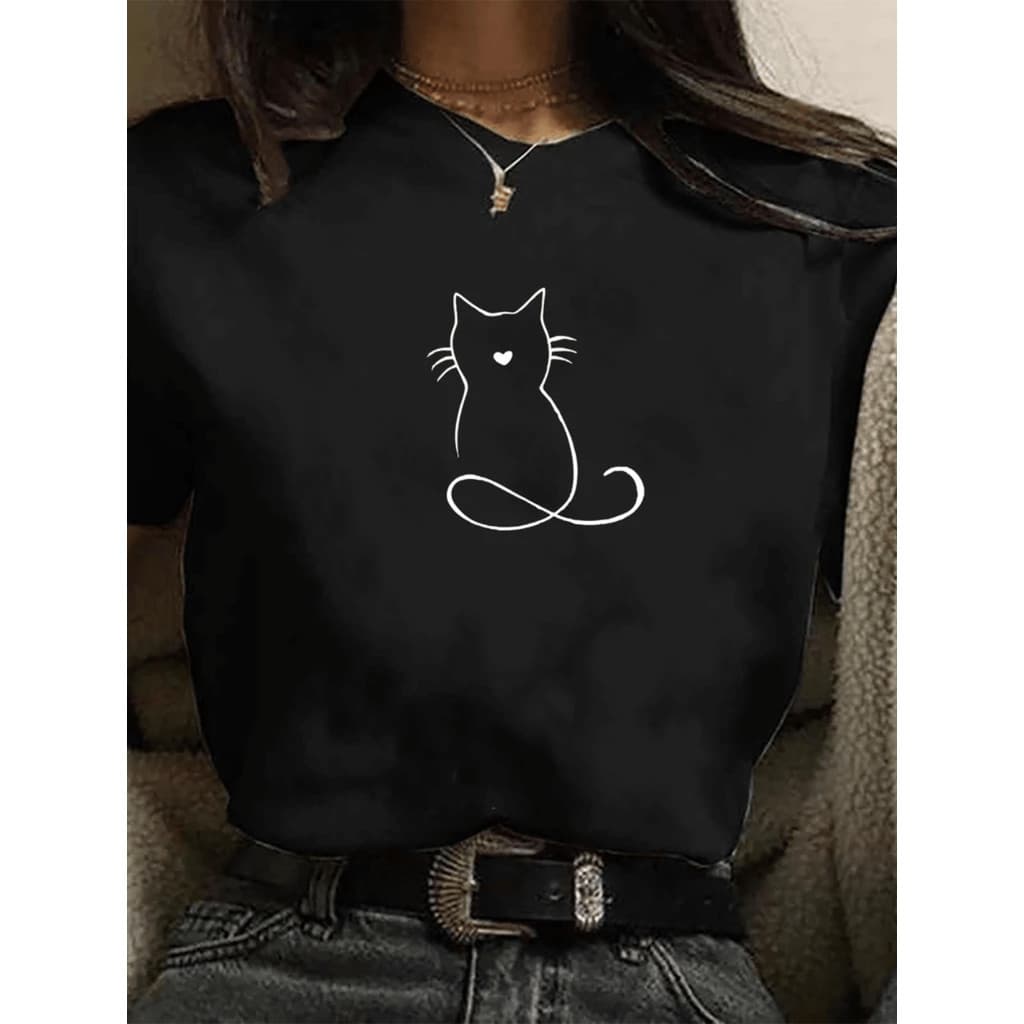 Camiseta Feminina OVERSIZE 100% Algodão Premium Streetwear Gatinho Fofo Qualidad DTF Lançamento