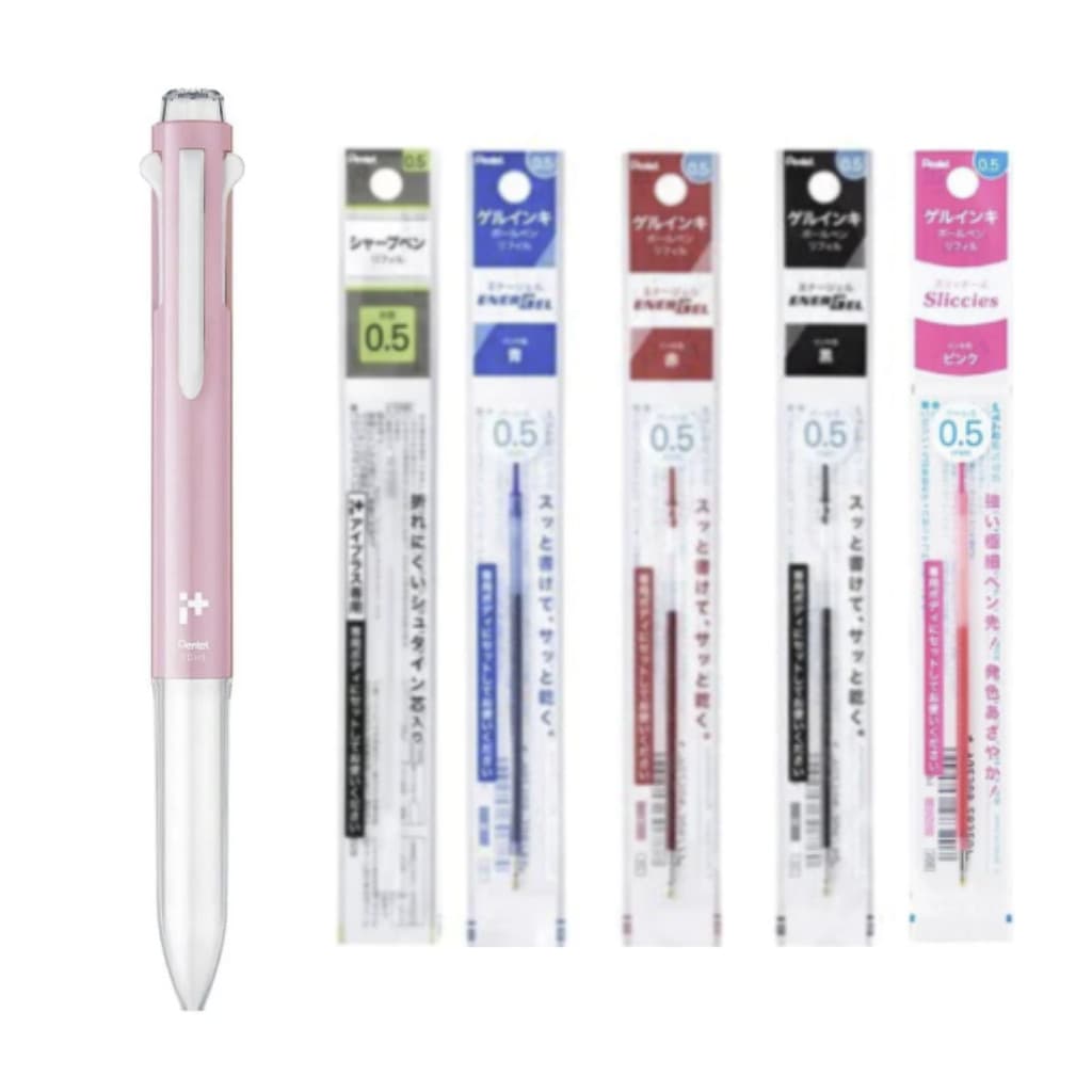 Kit Caneta Iplus Pentel 5 Gatilhos Rosa + 4 Refis + Lapiseira