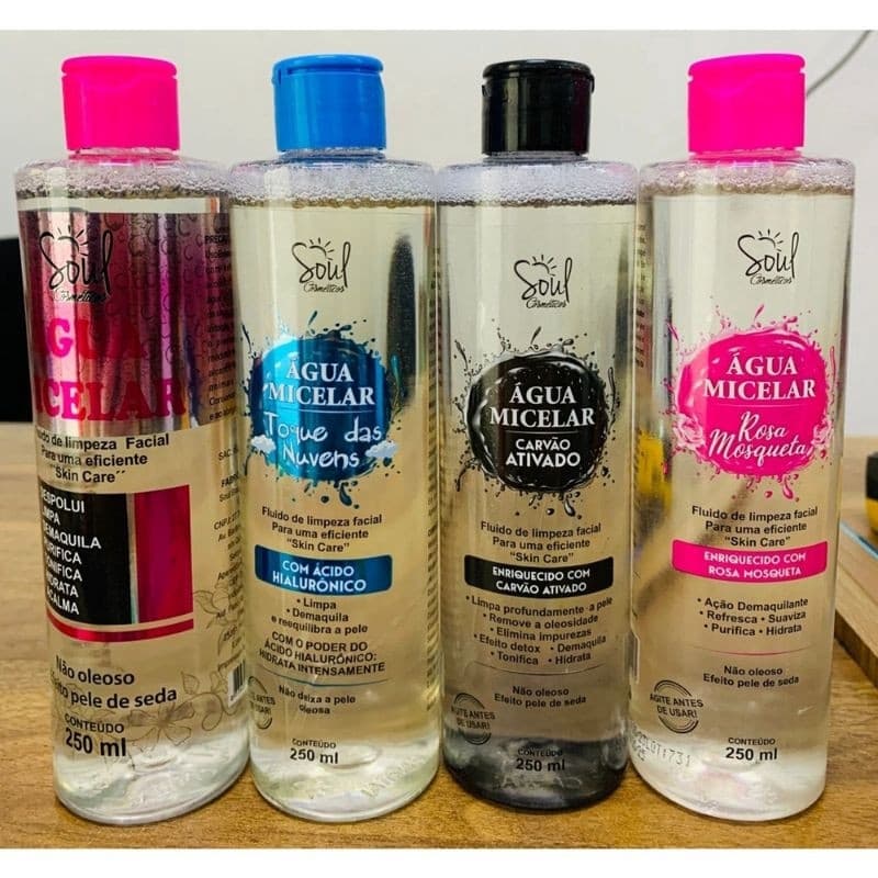 KIT C/ 4 ÁGUA MICELAR 250ML (TRADICIONAL, ROSA MOSQUETA, ÁCIDO HIALURÔNICO E CARVÃO ATIVADO) - SOUL