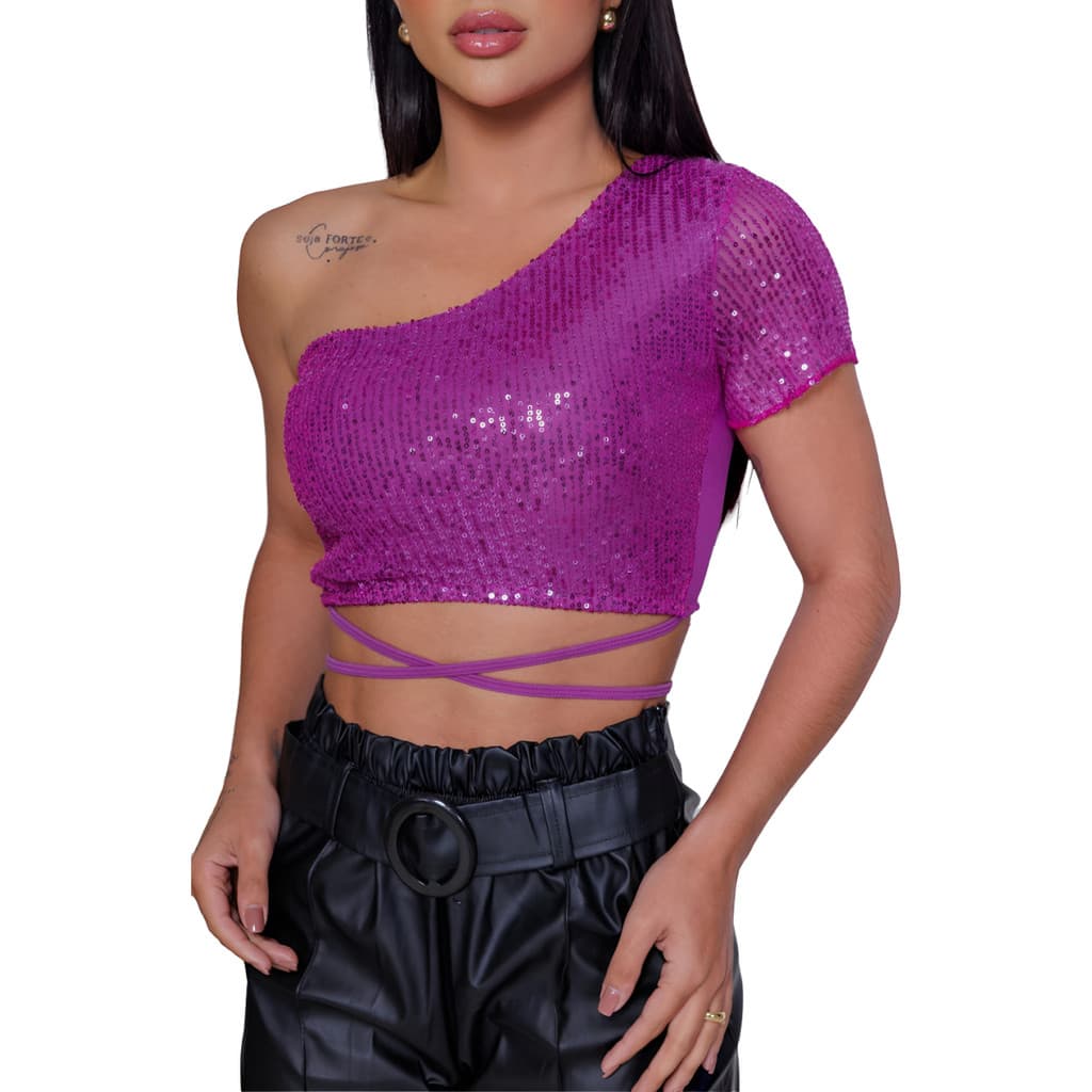 Blusa Cropped Feminino Nula Manga  Viscose Brilhos Paetê