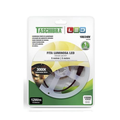 FITA LED TASCHIBRA 12W BIVOLT 3000K LUZ QUENTE COM 5 METROS