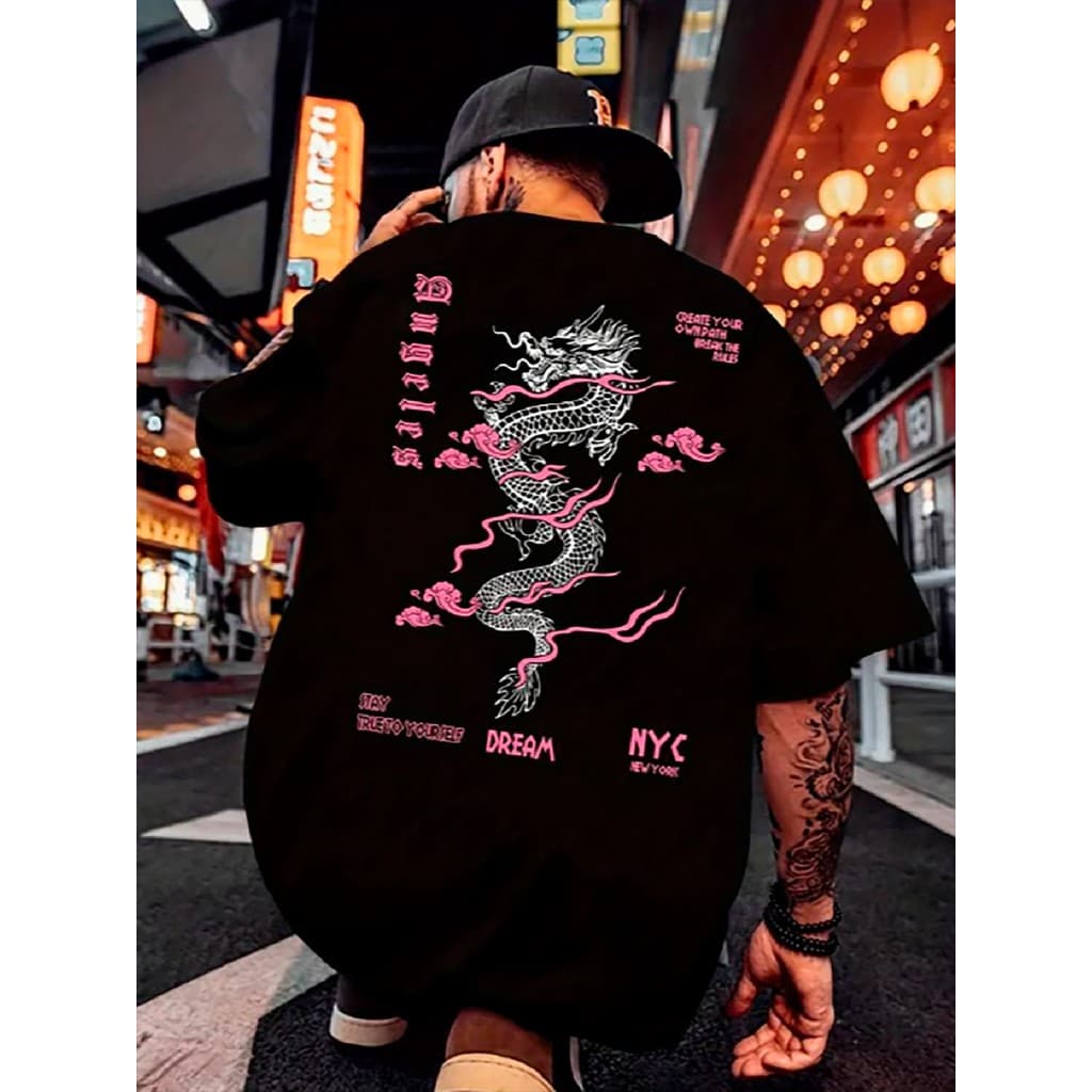 Sidecoat Camiseta  Oversize com Estampa de Dragão Rosa Chines Boa Qualidade camiseta anime camiseta oversized