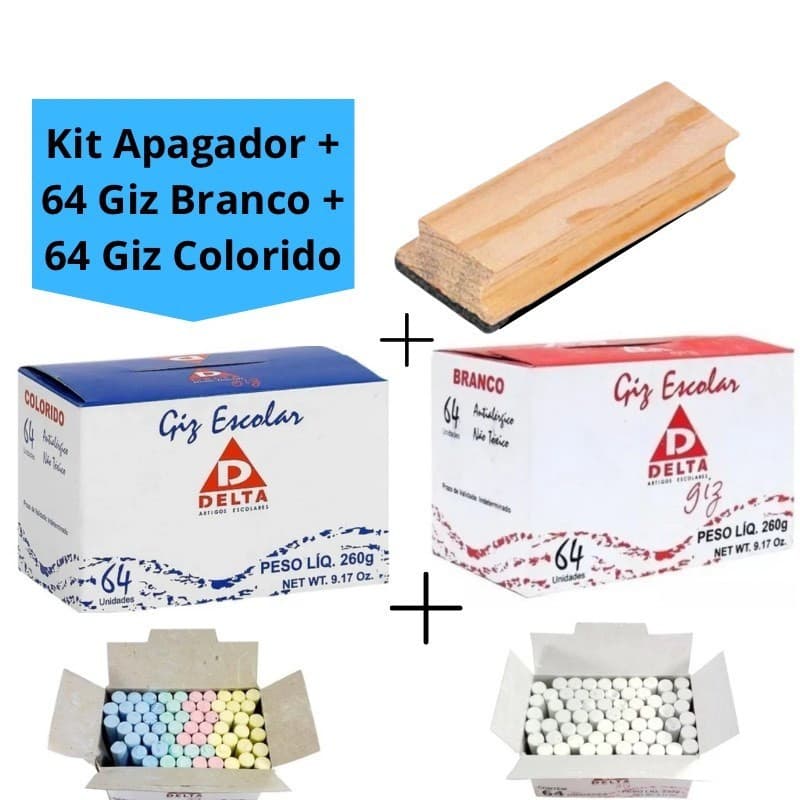 Kit Apagador em Madeira + 64 Unidades Giz Colorido + 64 Unidades Giz Branco Escolar Quadro Verde Negro Delta