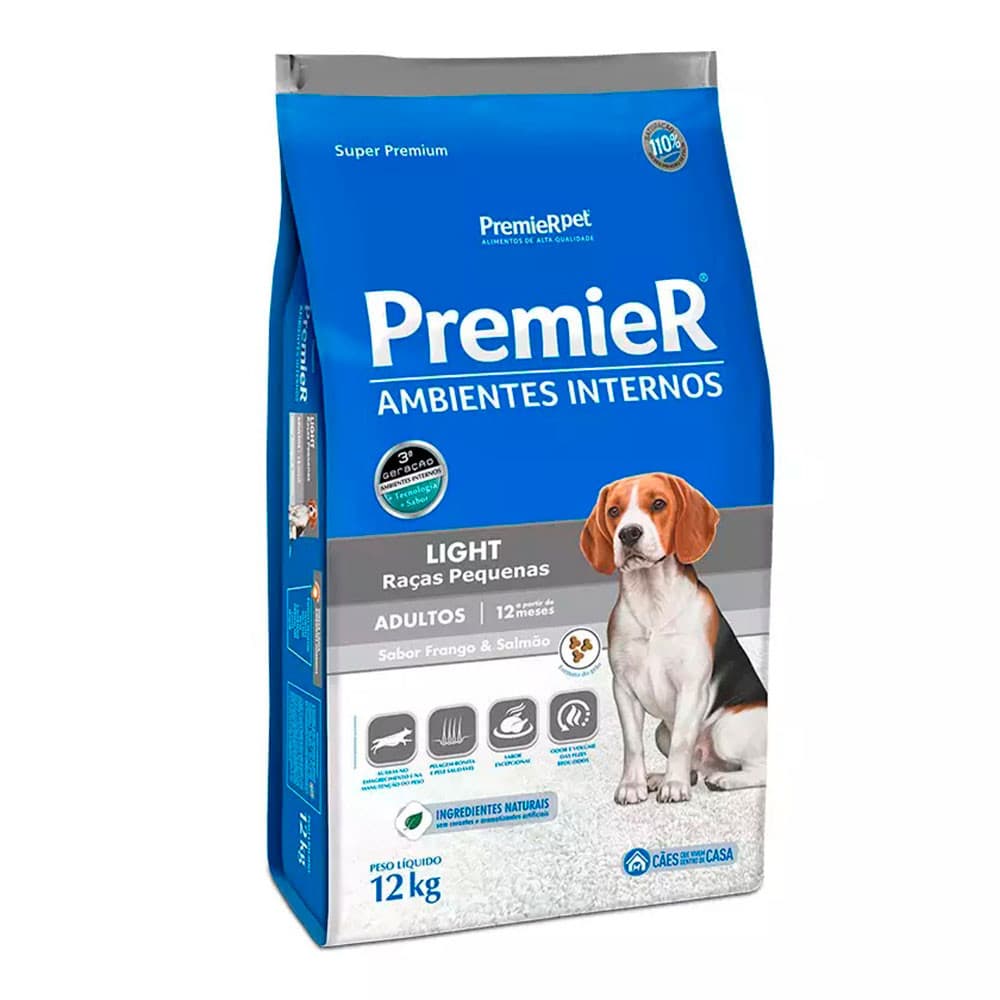 Ração Premier Ambientes Internos Cães Adultos Light Raças Pequenas Frango E Salmão 12kg
