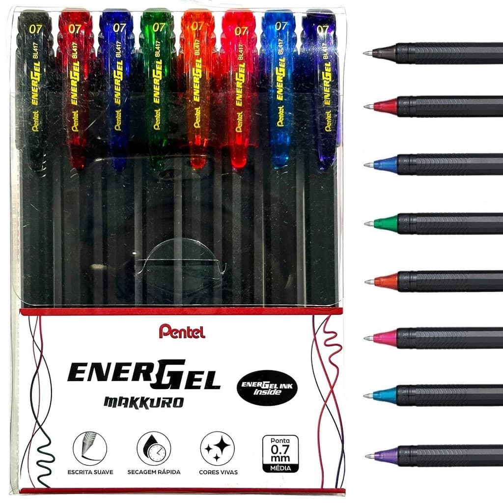Kit Estojo 8 Canetas Gel Pentel Energel Makkuro 0.7mm - Ponta Media