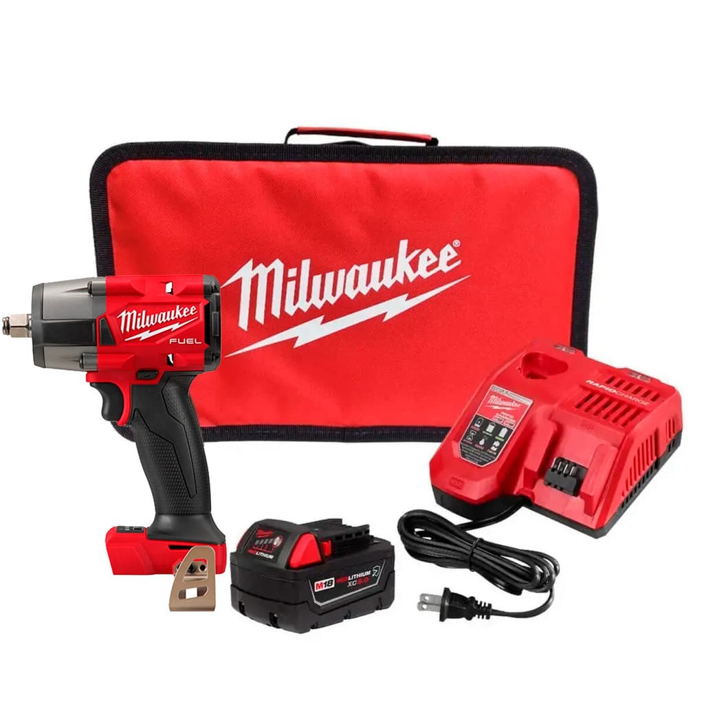Kit Chave de Impacto 1/2" sem Pino Fuel MILWAUKEE 2962-159N com Bateria 18V XC 5.0Ah Carregador Bivolt e Bolsa