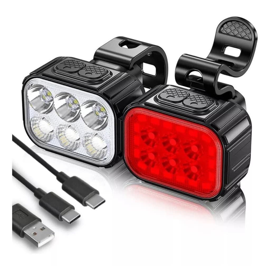 Kit Farol Lanterna guidão Bike 6 Leds + Lanterna Sinalizador Traseiro Usb recarregavel potencia e praticidade no pedal