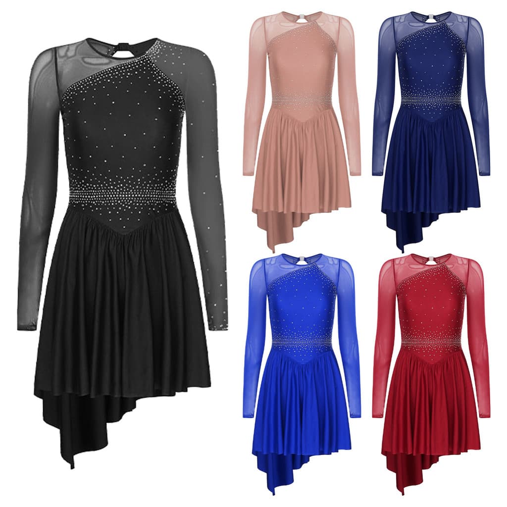 MSemis Vestidos Femininos De Dança Com Strass Brilhantes , Recorte Nas Costas , Cor Contrastante , Malha Transparente ,