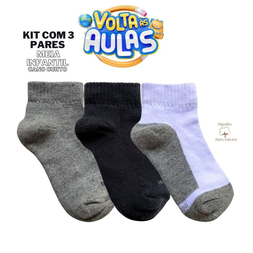 Kit 3 Pares Meia Soquete Atoalhada Infantil Escolar Lisa