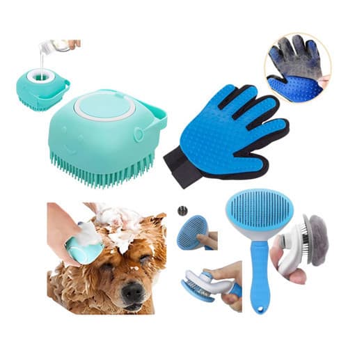 Kit Banho Pet Escova silicone com Dispenser para shampoo + Escova Rasqueadeira remove Pelos fácil +Luva eletromagnética