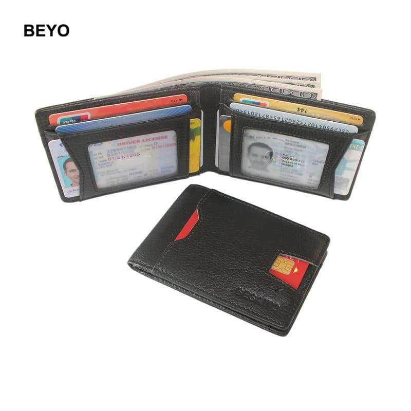 Carteira Dupla Fina De Couro Genuíno Com Bloqueio De RFID Para Homens 2 Slots De Identificação