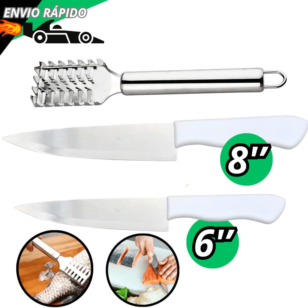 Kit Facas de Cozinha 6 E 8" Com Escamador de Peixe Inox Peixeira Do Chef Com Cabo Branco