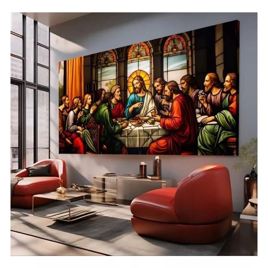 Quadro Tela Decorativa  Santa Ceia Para Quarto Alta Definição - Vitral - Arte disponível em diversas