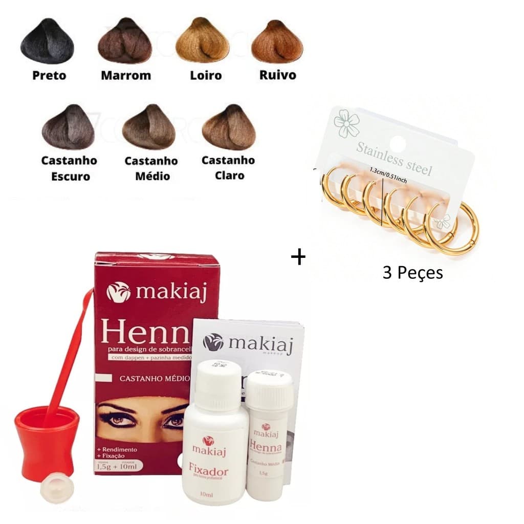 Conjunto Sobrancelha Henna Makiaj Complete Fixing Gel 7 Cores 1 Henna +3 pares Brinco de argolinhas em aço