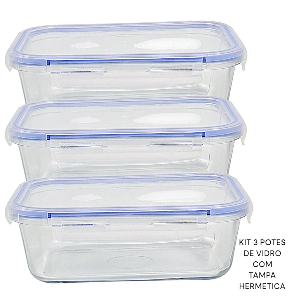 Kit Potes Marmita de Vidro com tampa Hermética 4 travas Refratário 1040ml Forno Airfray Micro-ondas
