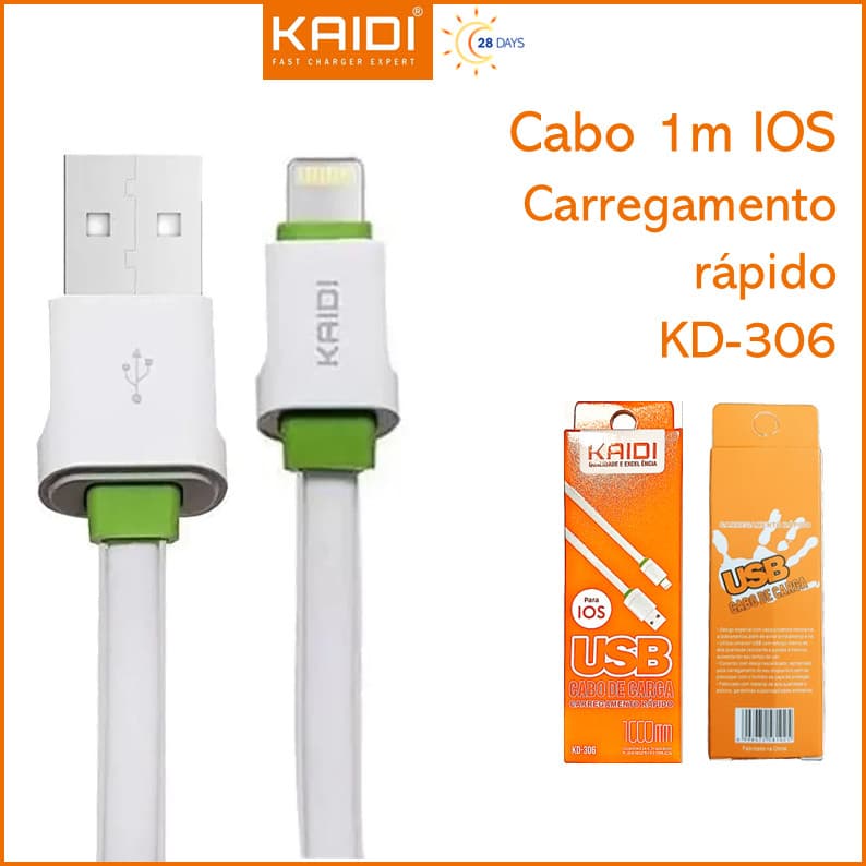 Cabo para Celular de Carga e Dados Cabo Rápido Lightning iPhone 1 metro 1m Kaidi KD-306