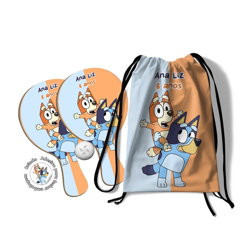 7/10/15/25 Kit Mochilinha e Raquetes Ping Pong - bluey e bingo