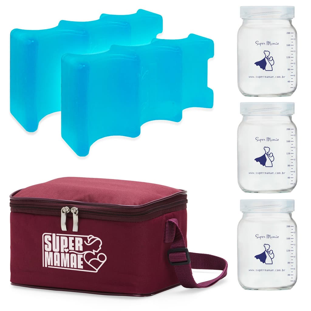 Bolsa Térmica Para Leite Materno Super Mamãe + 3 Potes E 2 Gelos Artificiais