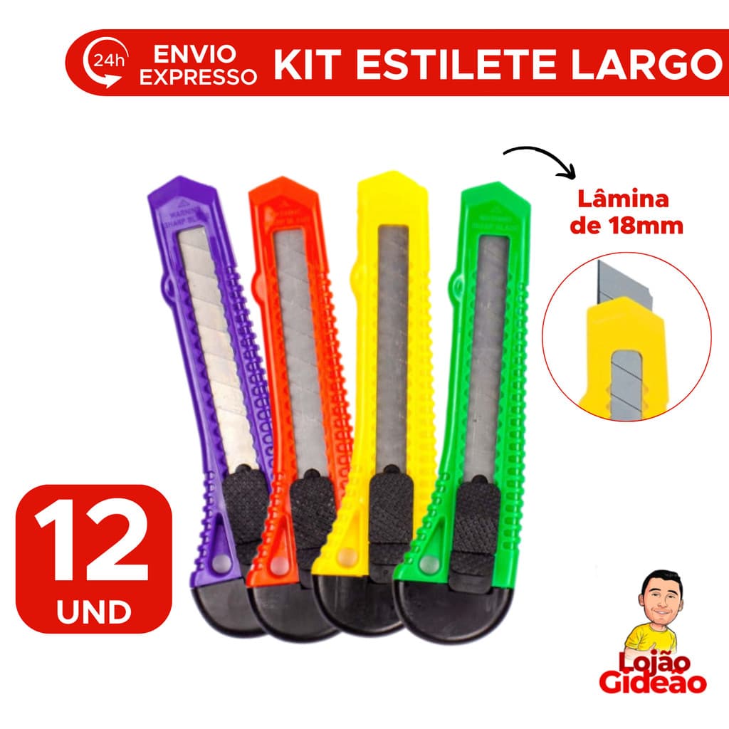 Estilete 18mm Largo Kit 12 Corte Preciso Papelão Escola Escritório