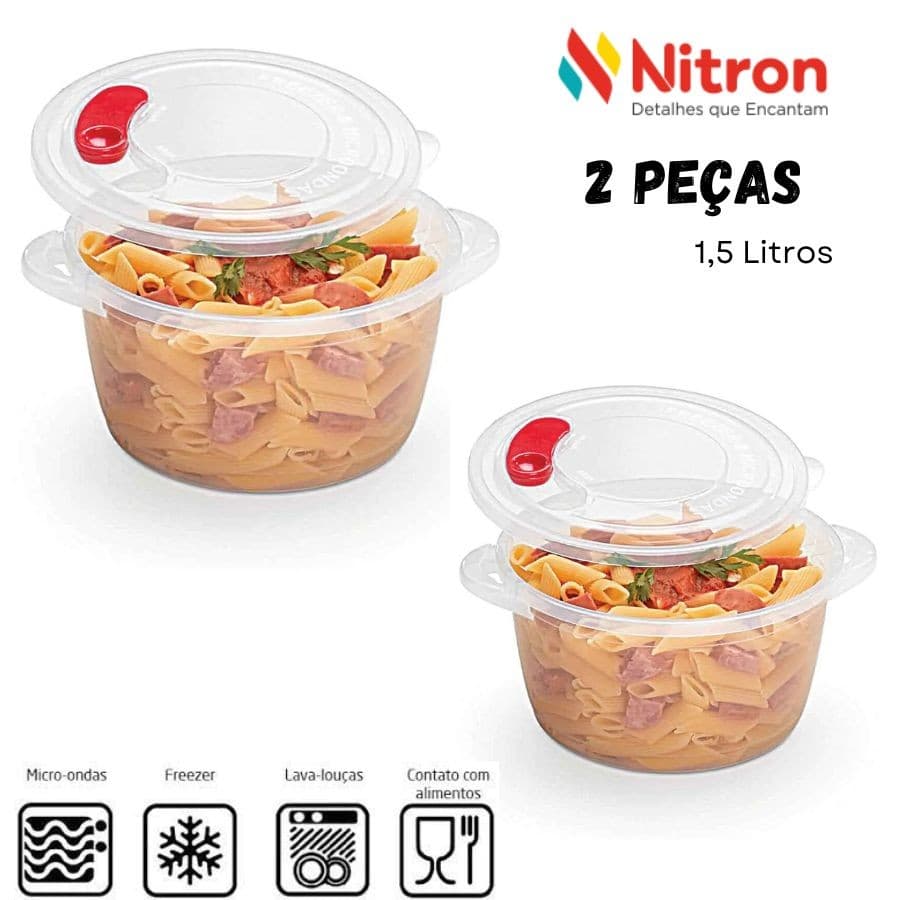 Kit 2 Caçarolas Para Microondas Freezer 1,5 Litros Transparente Nitron