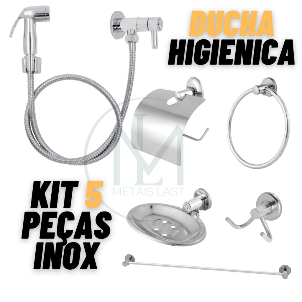 Kit Banheiro 5 Peças em Inox + Ducha Higiênica ABS com Mangueira de 1,2 Metros