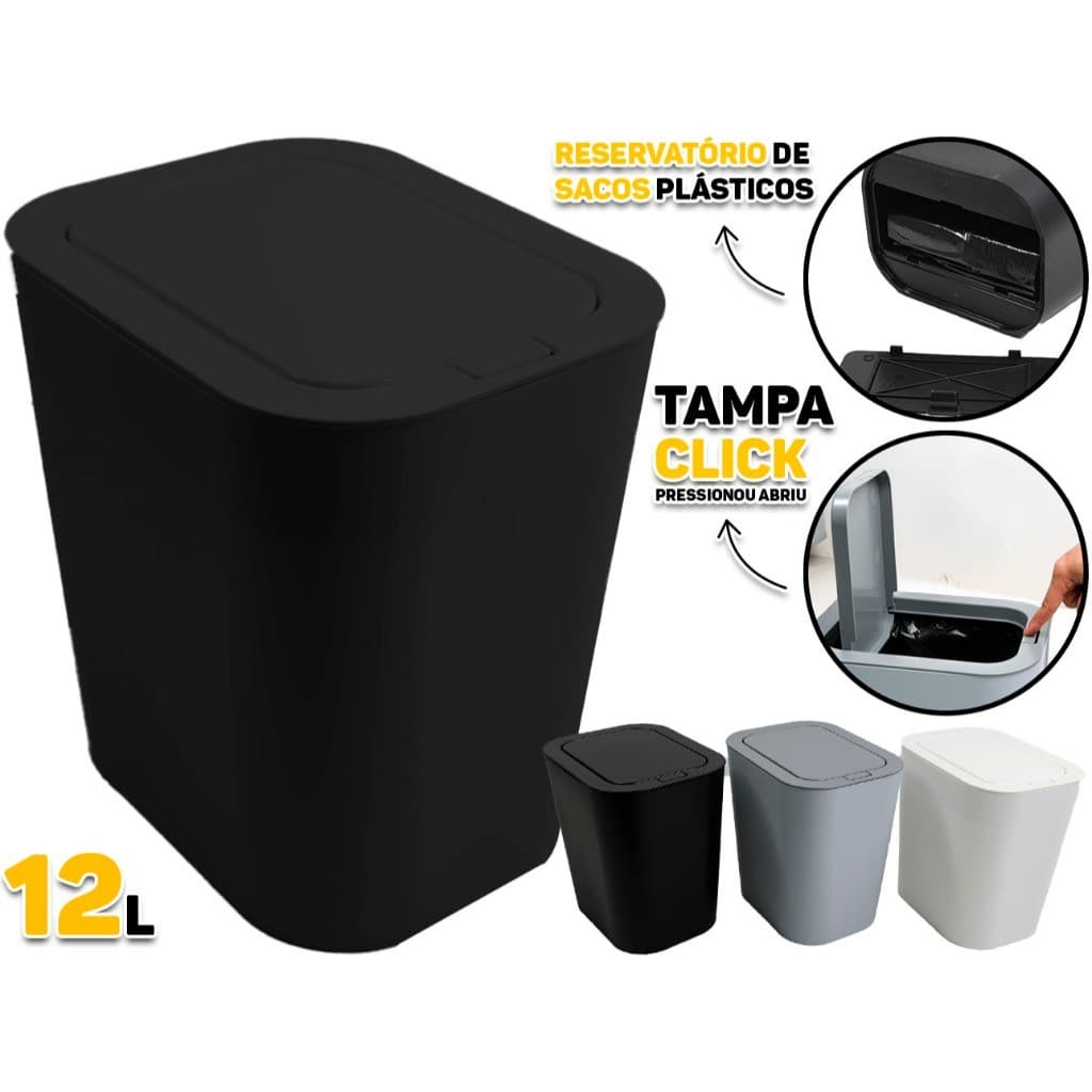 Lixeira 12 L Tampa Click Abre Automática E Dispenser Integrado De Sacos De Lixo Banheiro Lavabo Cozinha