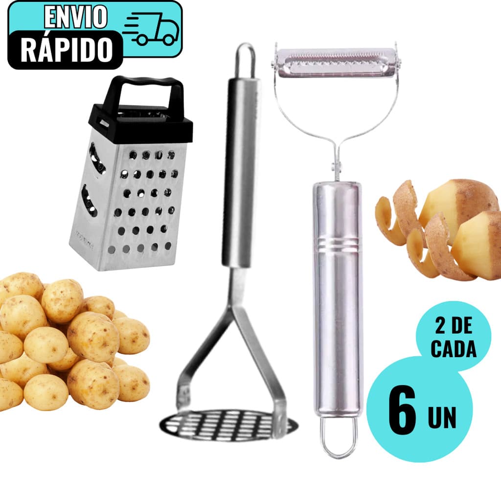 Kit 2 Amassador De Batata 2 Descascador De Legume 2 Mini Ralador Aço Inox Premium Para Cozinha Casa
