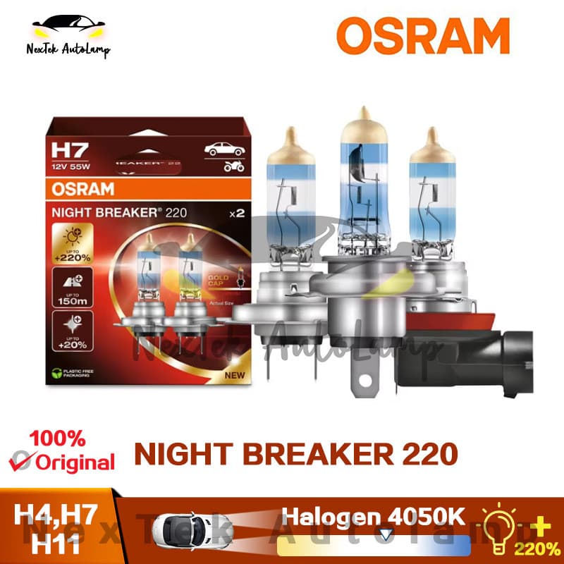 OSRAM Night Breaker 220 H4 H7 H11 12V 55W 3900K Brilho +220% Lâmpada amarela de farol halógeno para carro