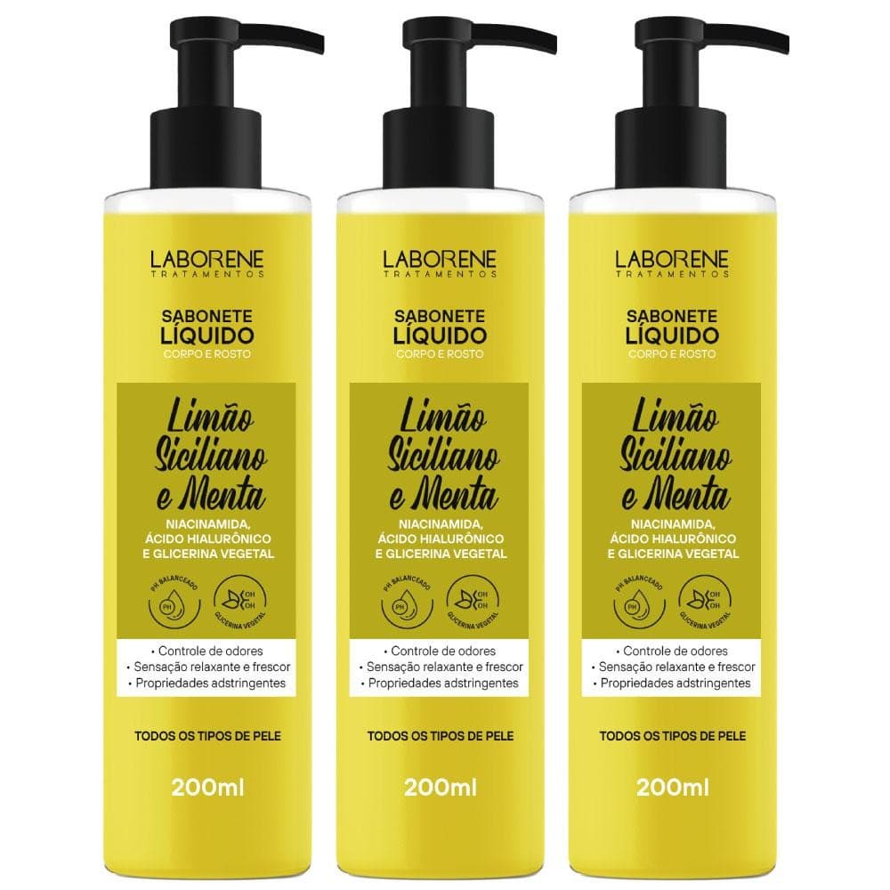 03 Sabonete Líquido Limão Siciliano e Menta Laborene 200ml