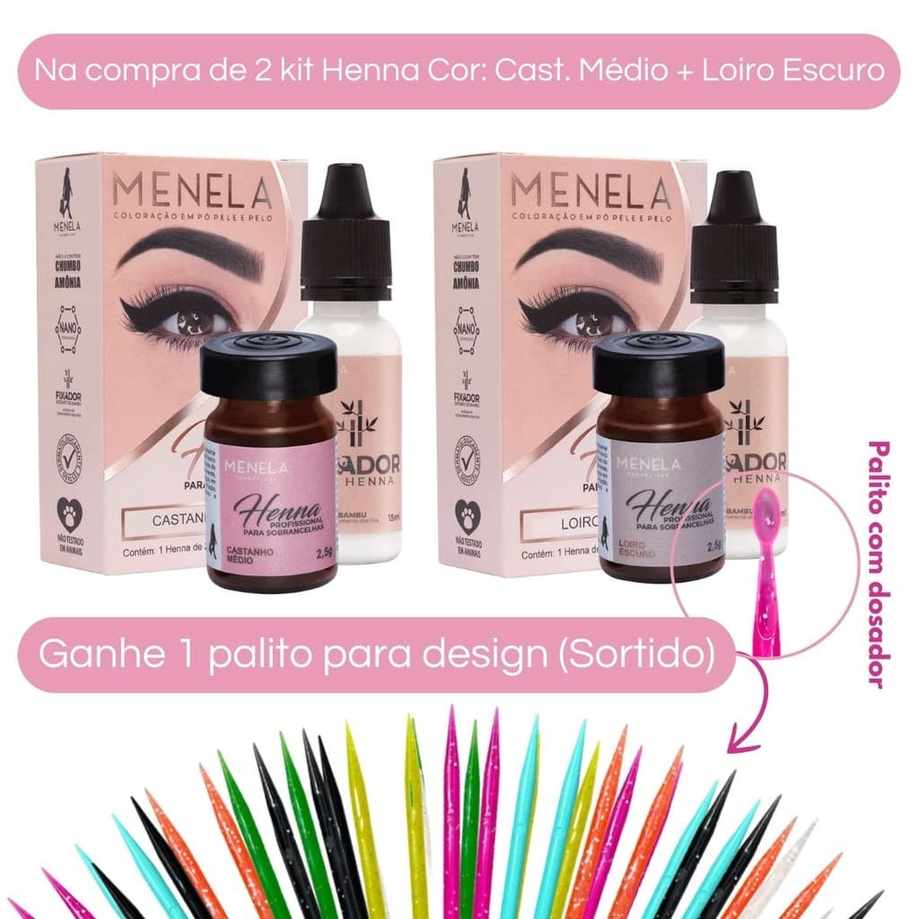 Kit 2 Henna Menela Castanho Médio + Loiro Escuro + Palito Para Design De Sobrancelhas (Sortido)