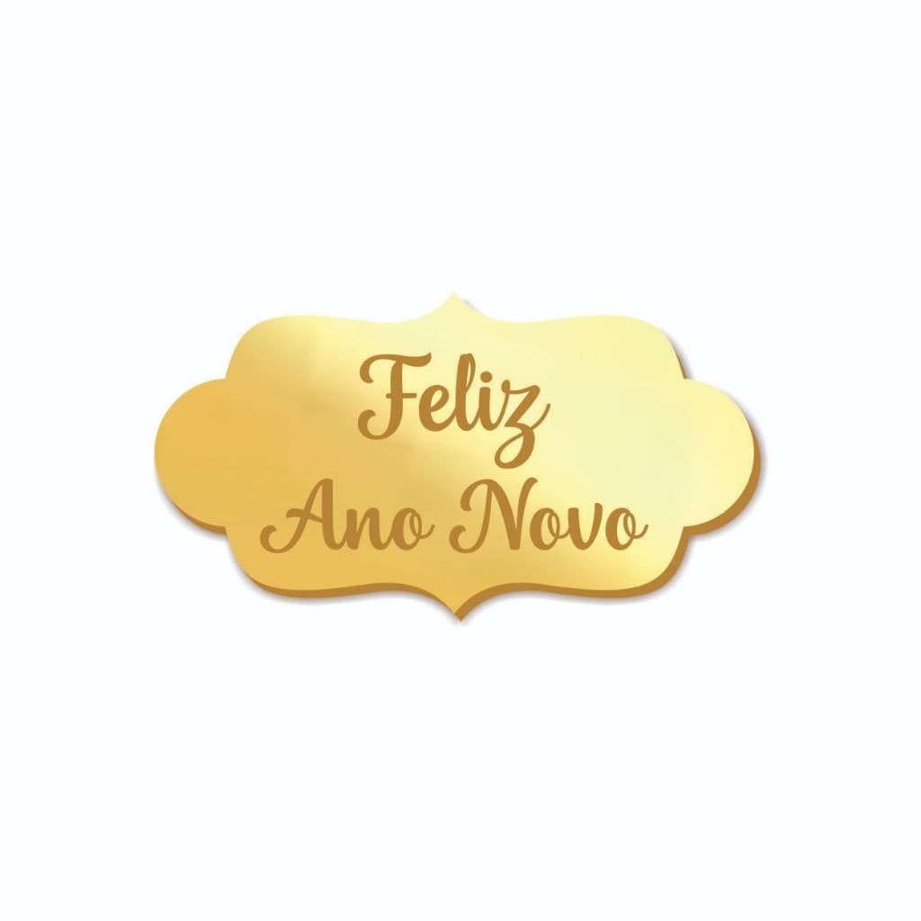 Aplique Placa tag, Feliz Ano Novo , Acrílico Espelhado Dourado