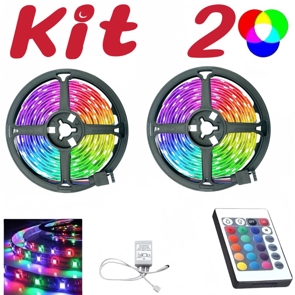 Kit 2 Fita de LED 2835 RGB Multicolorida 300 LED 5M 12V IP65 COM Controle Remoto  alex