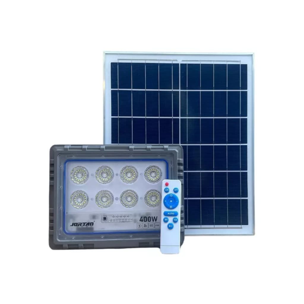 Refletor Led Solar Holofote JORTAN 400W Com Placa Bateria Prova Dágua IP66 Branco Frio Aluminio