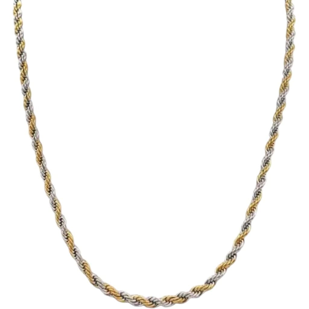 Cordão Corrente Fina Trançada Baiana De Aço Inox Colar Baiano Fino Mesclado Prateado Com Dourado 60cm de 2mm