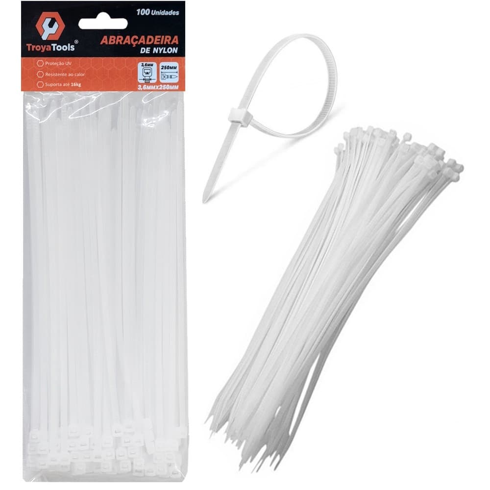 1 Pacote 100 Abraçadeiras Lacre Nylon Enforca Gato Cinta Plástica 3,6x250mm Fita Hellerman Branca