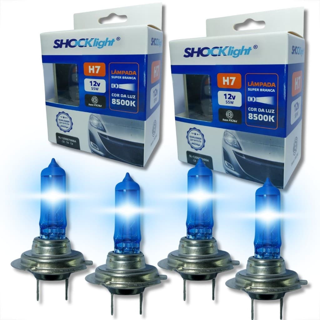 KIT 2 PARES LÂMPADA H7 SUPER BRANCA 5800K 55W 12V SHOCKLIGHT