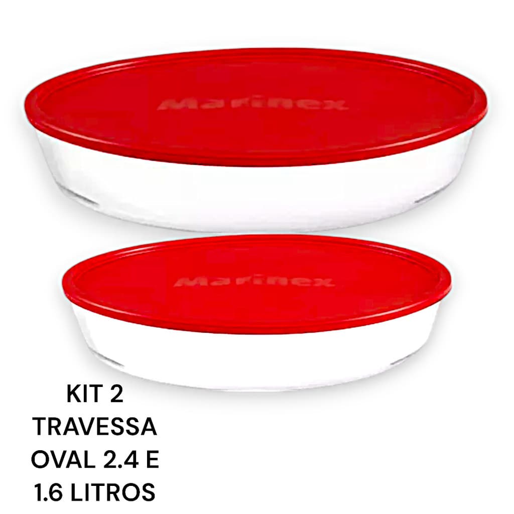 Kit 2 Travessa Assadeira Oval Refratário Nadir Marinex com Tampa 2.4 e 1.6 litros Forno AirFray Micro-ondas