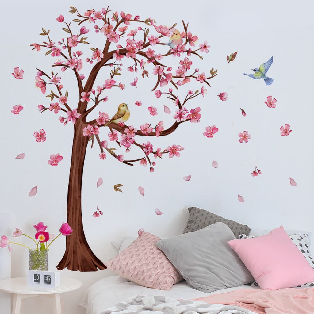 Adesivos de parede, flores rosa amor árvore pássaro adesivos de parede, decoração sala de estar quarto adesivos de pared