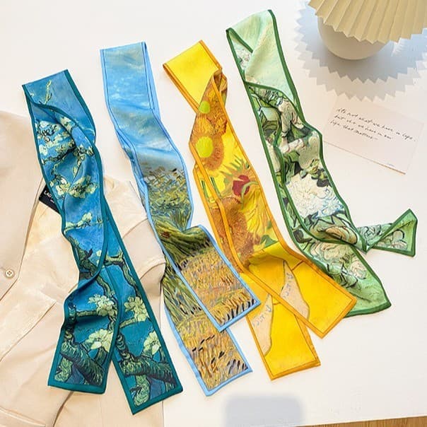 Francês Avançado Pintura A Óleo Lenço De Seda Bandana Streamer Coreano Longo Floral Fita Hairband Gravata Arco Para Saco