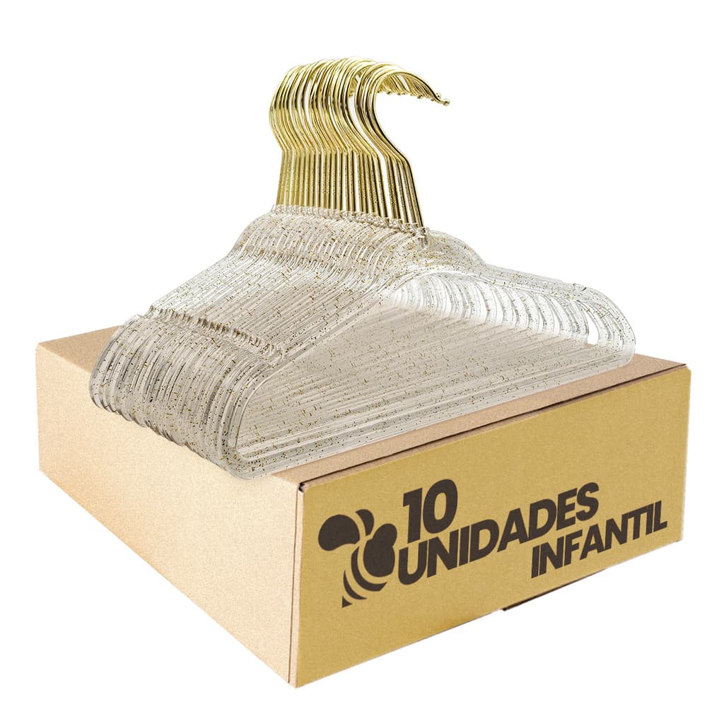 Kit 10 Cabides Acrílico 28cm Infantil Gliter Gancho Dourado