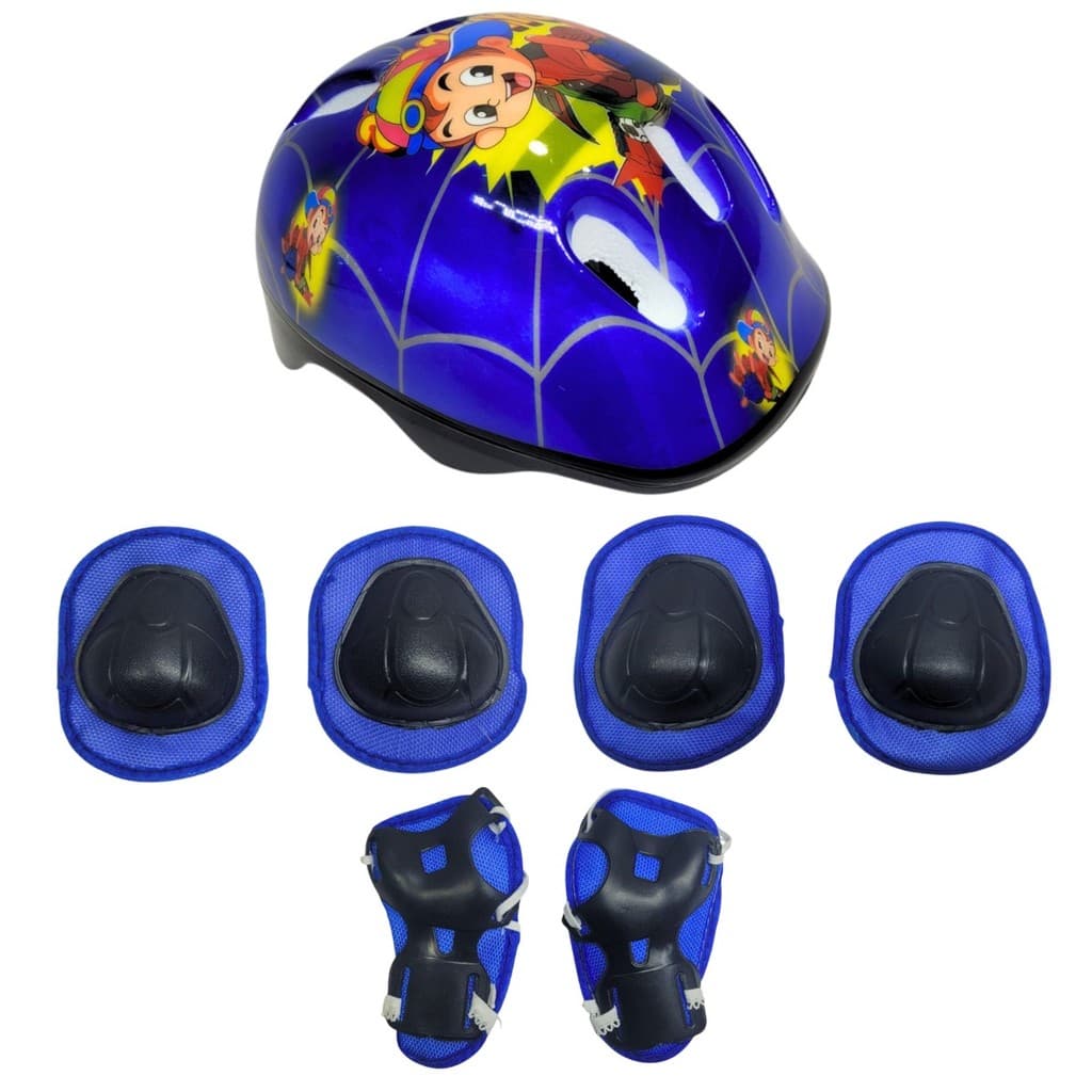 Kit Proteção Esportivo Infantil Meninos 7 Peças Ajustáveis Com Desenho Azul Para Brincadeiras E Diversão