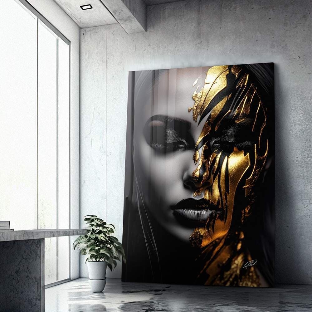 Quadro Decorativo 110x80cm Rosto Metade Dourado Metade Preto e Branco Hall Luxo Sala Quarto Casa Dec