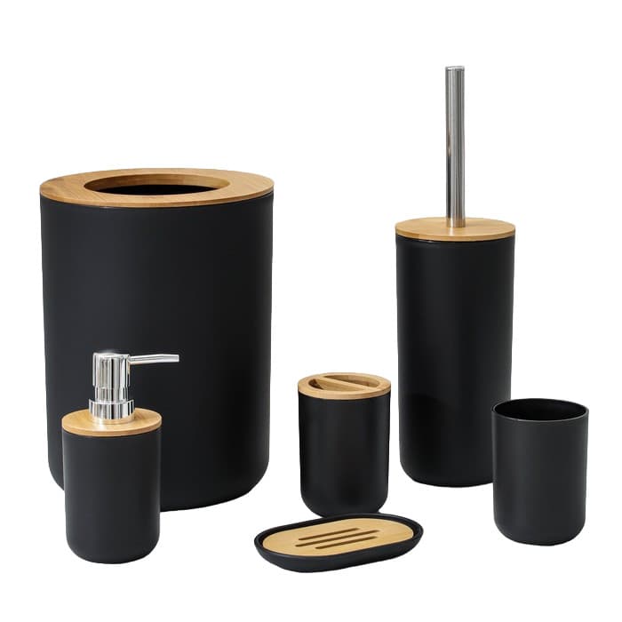 Kit De Banheiro Lixeira Saboneteira Preto Com Bambu 4 Peças