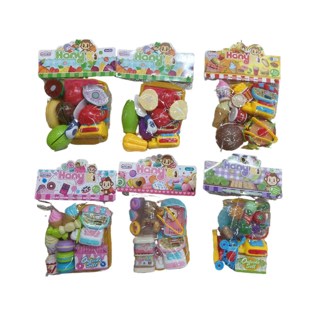 Brinquedo kit comidinha mercado faz de conta, fruta ou vegetais com cortes em velcro. Acompanha máquina registradora