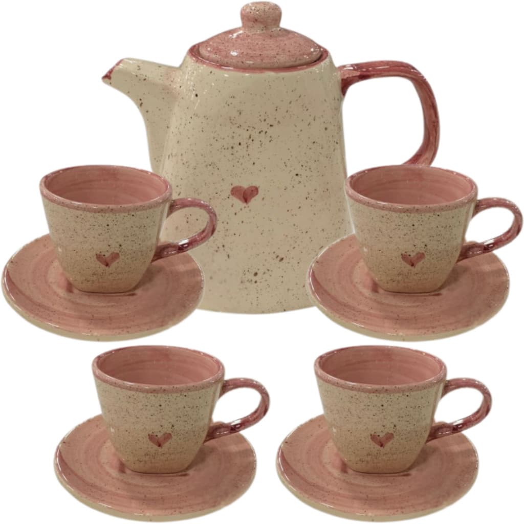 Conjunto de café 1 chaleira + 4 xícaras de café de 200ml com pires em cerâmica louça Pintada à Mão