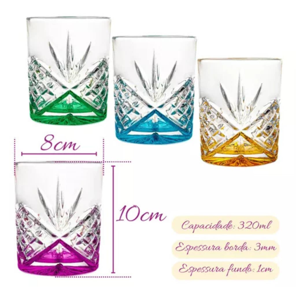 Jogo 4 Copos Baixos 320ml Colors Dublin Vidro Colorido Cocktail Decorados Design Moderno Sofisticado