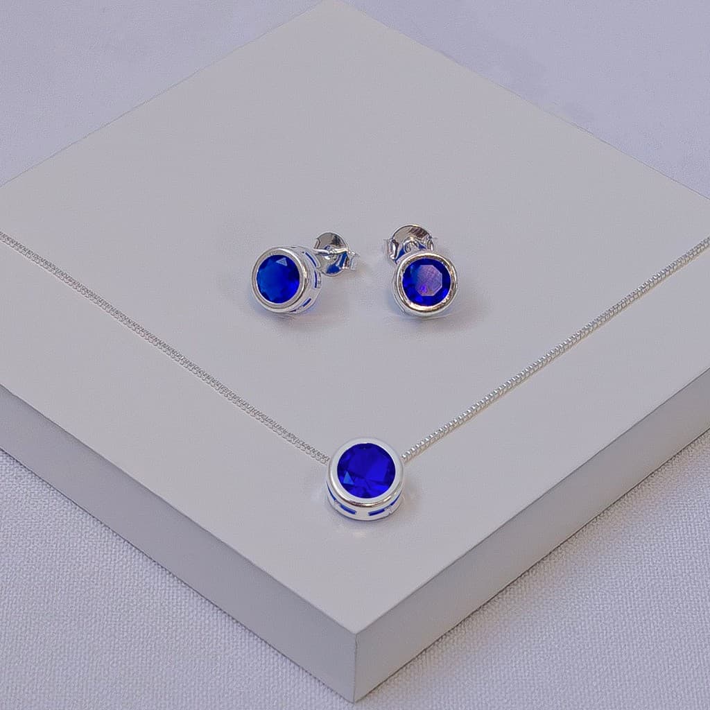 Conjunto Folheado a Prata Brinco e Colar Zircônia Azul